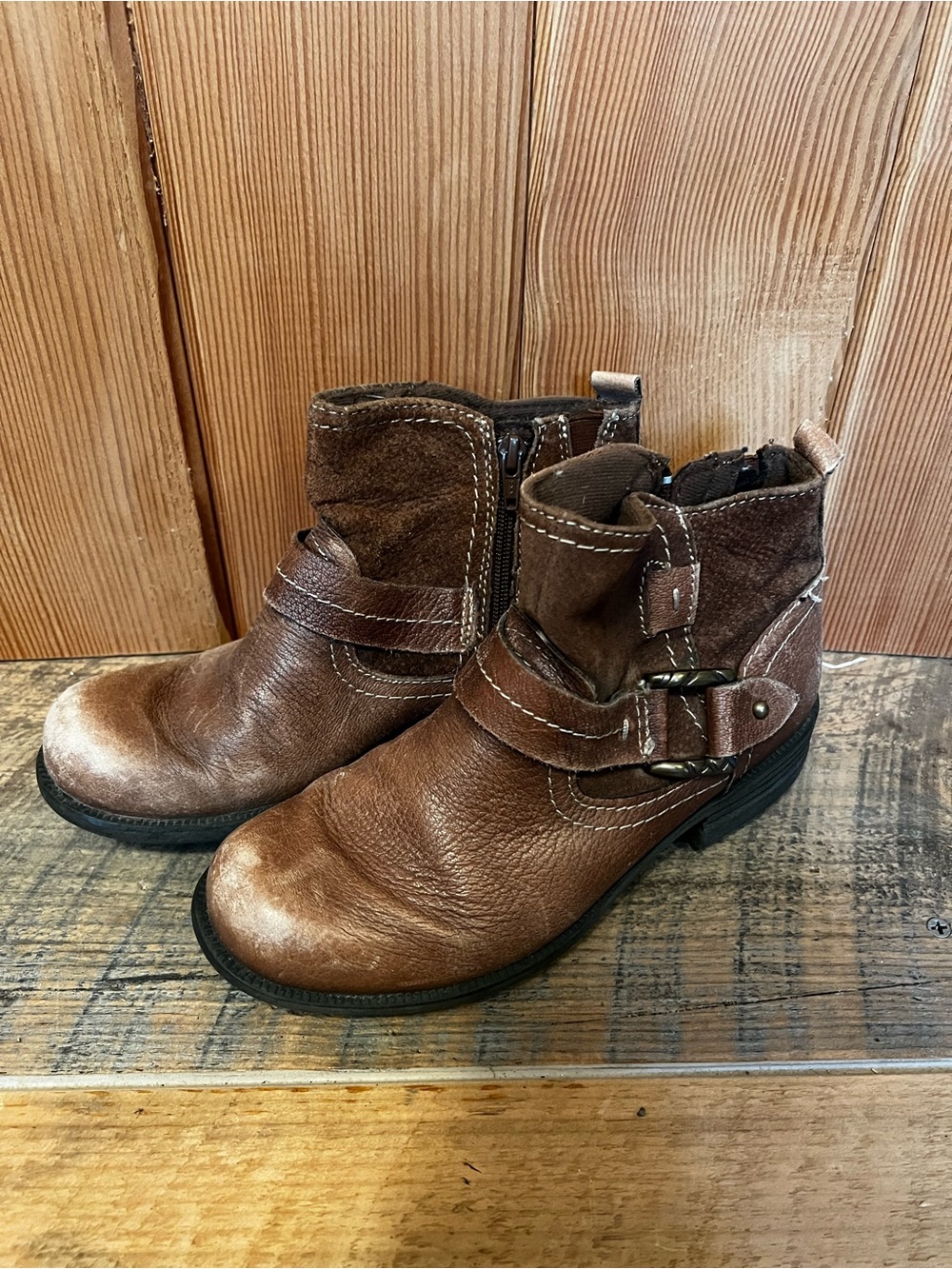 Women’s Brown Leather Ankle Boots with Buckle Strap